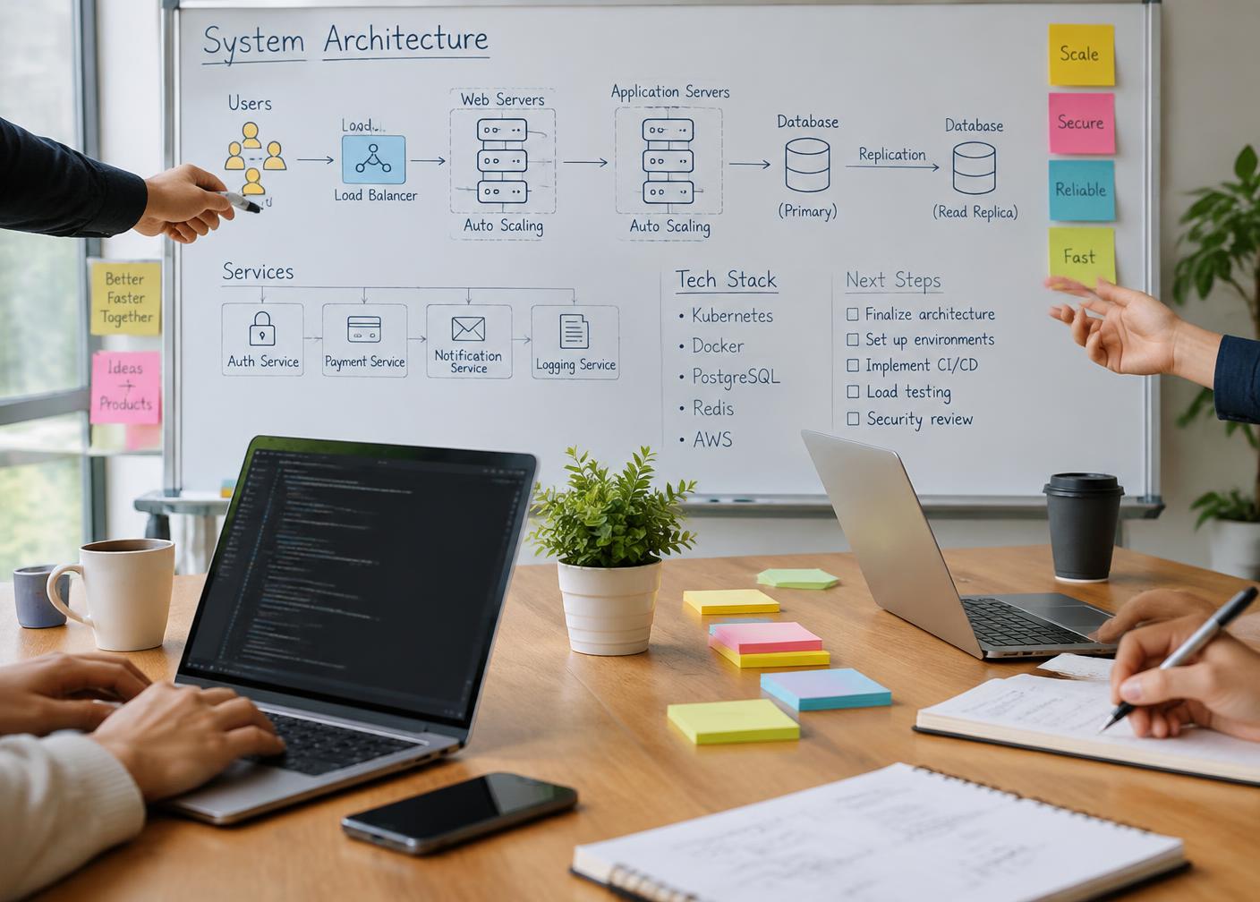 Collaborative workspace with a system architecture sketch on a whiteboard