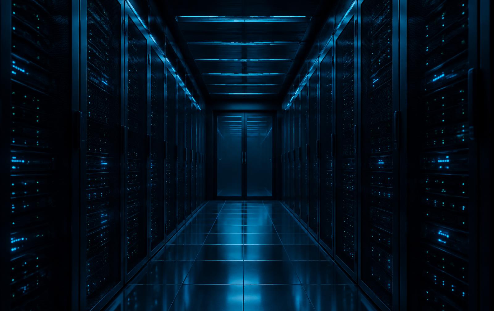 Corridor of server racks lit by blue indicator lights