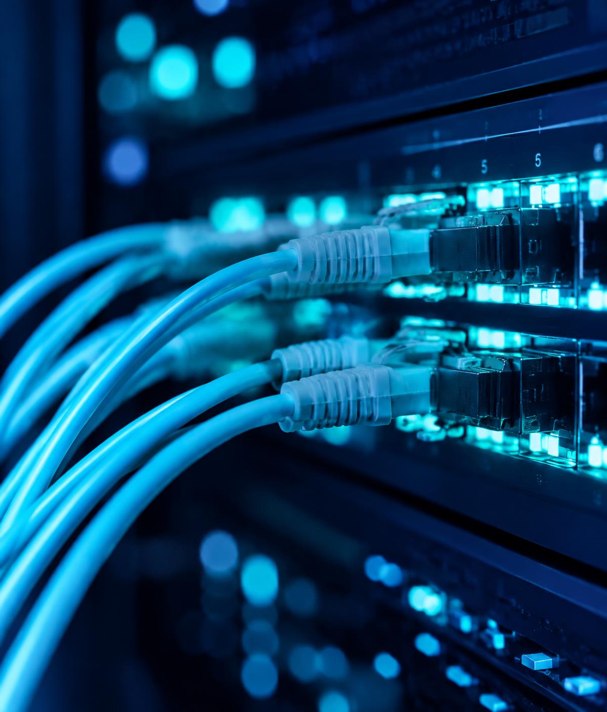 Network cables connected to a switch with glowing ports